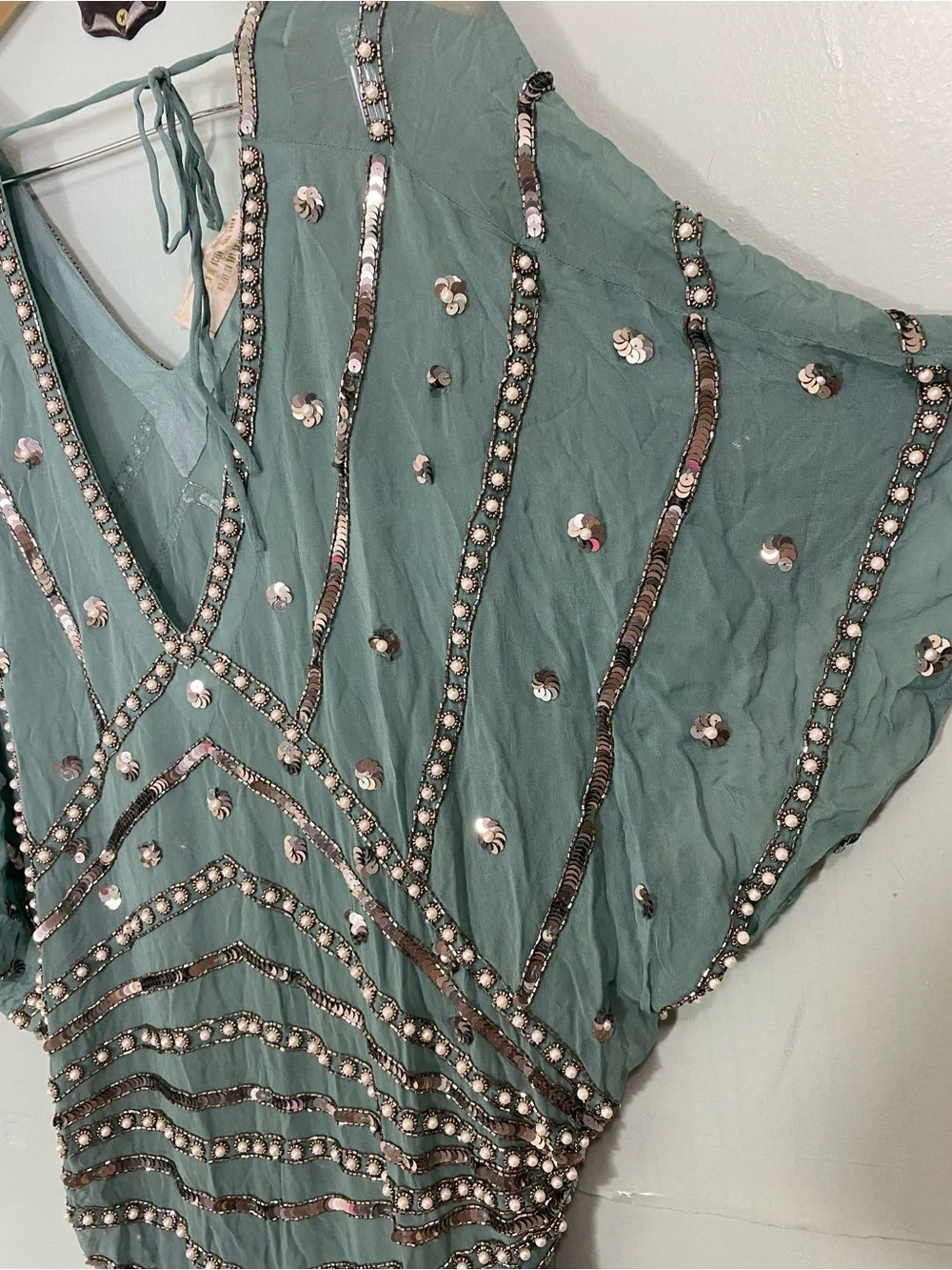 Free People Jens Pirate Booty Space Odyssey Kaftan Green Embellished Beaded XS/S